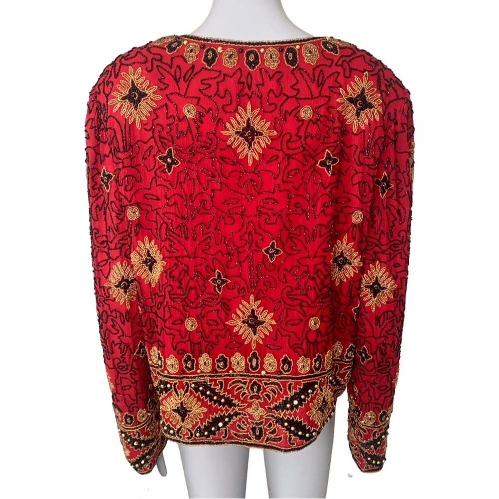 Adrianna Papell Boutique Evening Jacket Vintage 90’s Silk Beaded Red Gold 12 - Picture 11 of 16